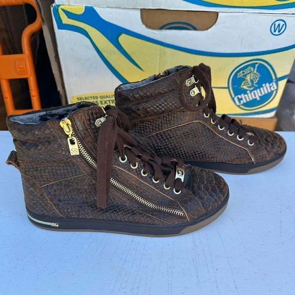 Micheal Kors Brown Snake Print High-Top Sneakers with Gold Zippers